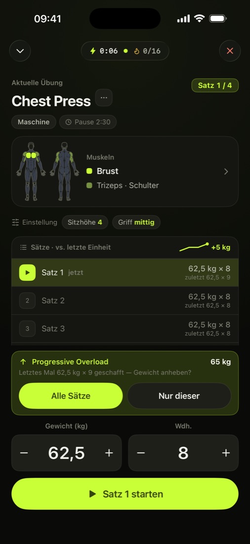 Kinetx im Training: aktuelle Übung, Sätze mit Gewicht und Wiederholungen, Vergleich mit der letzten Einheit